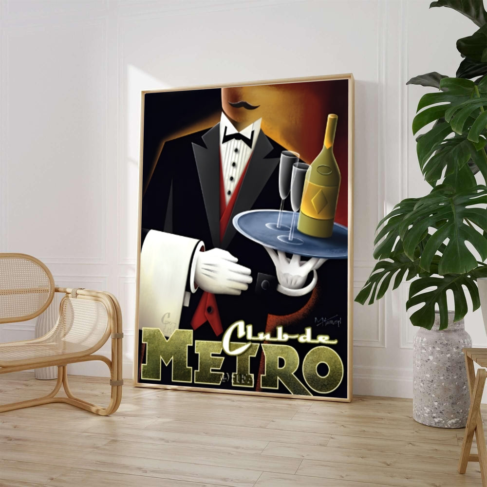 1920s cabaret club art print featuring a tuxedo waiter, silver tray, and golden champagne bottle for Club de Metro, available from MapYourDreams where shoppers can select unframed fine art posters, gallery wrapped canvas decor, and custom frame options for dining rooms.