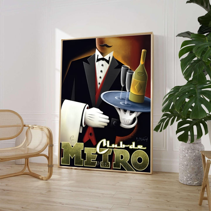 1920s cabaret club art print featuring a tuxedo waiter, silver tray, and golden champagne bottle for Club de Metro, available from MapYourDreams where shoppers can select unframed fine art posters, gallery wrapped canvas decor, and custom frame options for dining rooms.