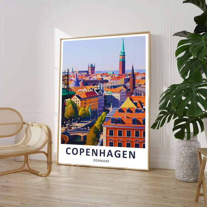 Detailed architectural print of Copenhagen Denmark showing spires and historic buildings. Offered by MapYourDreams, this artwork is available in flexible options including unframed paper, custom wooden frames, and gallery canvas wraps for modern spaces.