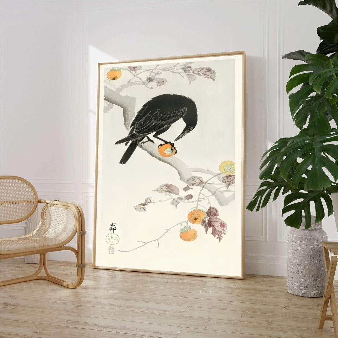 Beautiful 1900 1910 Japanese woodblock print featuring a black crow in an autumn orchard style inspired by Kamakura garden traditions. MapYourDreams offers versatile framed, unframed, and canvas print options.
