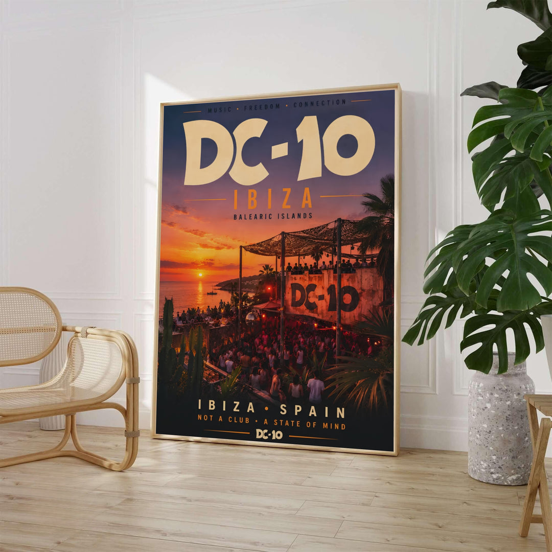 Retro Balearic island music festival art print featuring glowing sunset hues over DC-10 in Ibiza, Spain, available from MapYourDreams with choices including an unframed matte poster, ready-to-hang gallery canvas, and custom frame options for living room decor.