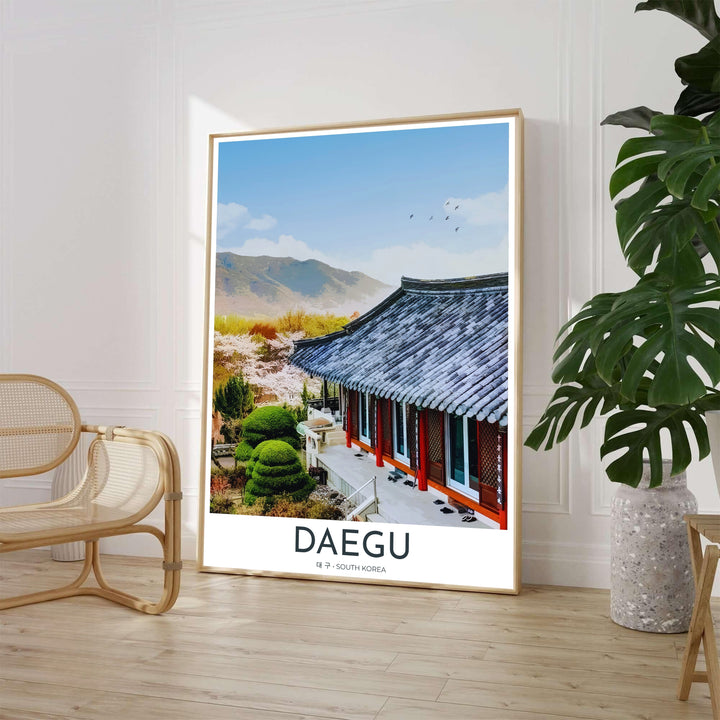 Serene travel poster depicting Donghwasa Temple nestled in the Palgongsan mountain landscape of Daegu, South Korea, featuring traditional Korean temple architecture and soft spring blossoms. Offered by MapYourDreams, this artwork is available in flexible options including unframed paper, custom wooden frames, and gallery canvas wraps.