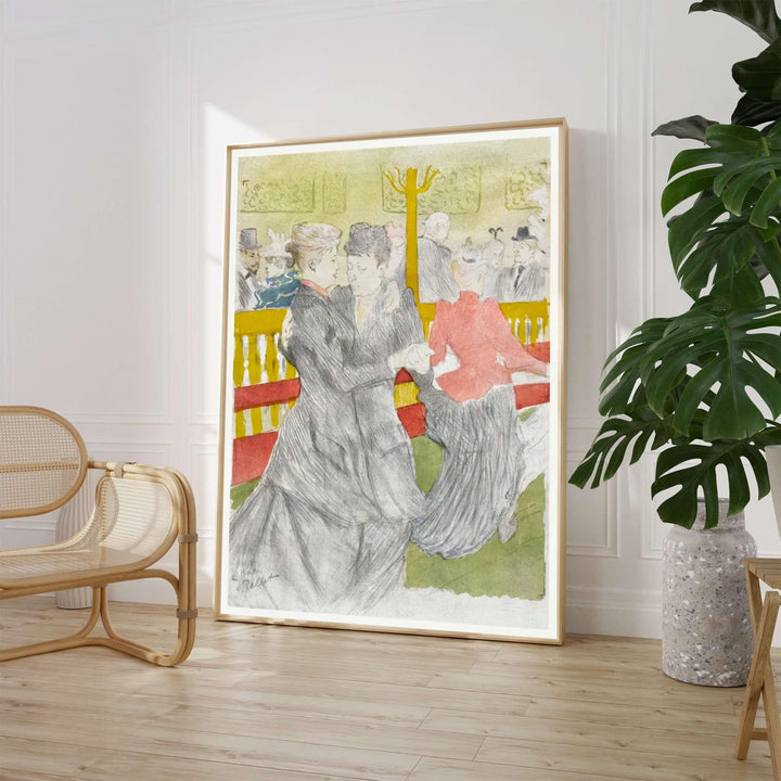Dance At The Moulin Rouge (1897), Henri de Toulouse-Lautrec depicts elegant dancers inside the iconic Moulin Rouge cabaret in Paris, France. MapYourDreams provides custom framed wall art, unframed fine art paper prints, and gallery canvas options tailored for vintage post-impressionist room decor.