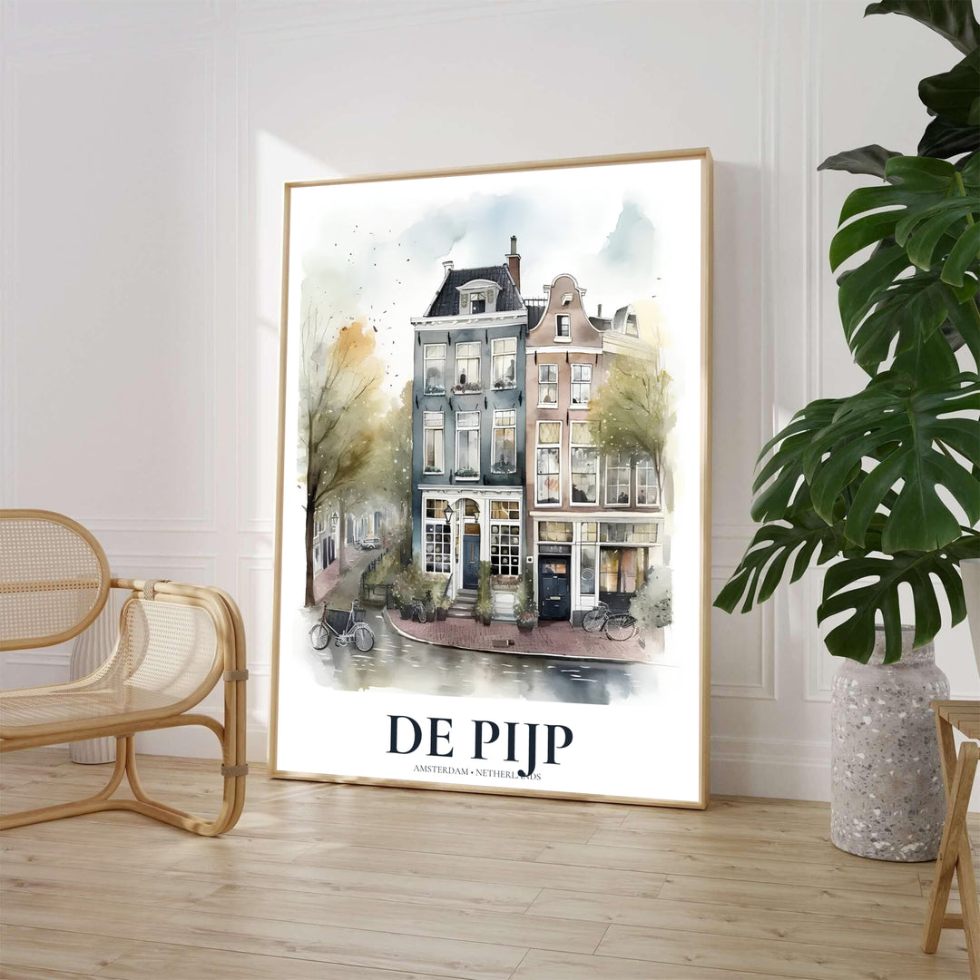 Luminous watercolor print of classic Dutch buildings, parked bicycles, and shopfronts in De Pijp Amsterdam, available from MapYourDreams where shoppers can choose between unframed fine art posters, gallery wrapped canvas decor, and custom frame options for living room spaces.