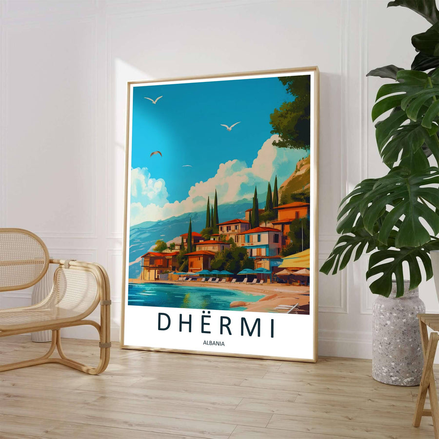 Featuring a retro graphic illustration of Dhërmi Beach with cypress trees and sea umbrellas under an azure sky, this print brightens rooms. Offered by MapYourDreams, this artwork is available in flexible options including unframed paper, custom wooden frames, and gallery canvas wraps.