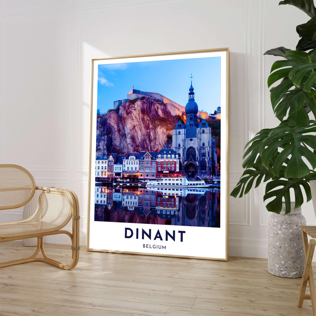 Stunning twilight picture of colorful houses and the iconic bell tower along the river in Dinant, Belgium. Available from MapYourDreams in various choices like standalone unframed paper, tailored wooden frames, and gallery-wrapped canvas options.