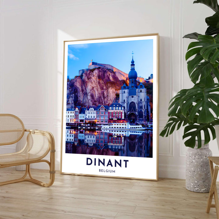 Stunning twilight picture of colorful houses and the iconic bell tower along the river in Dinant, Belgium. Available from MapYourDreams in various choices like standalone unframed paper, tailored wooden frames, and gallery-wrapped canvas options.