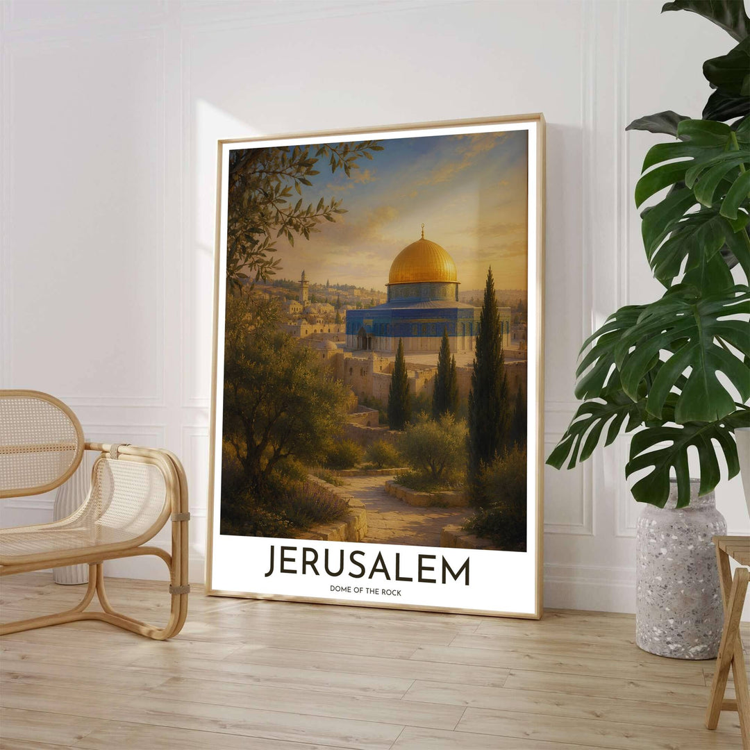 Painterly landscape poster of Qubbat al-Sakhrah Dome of the Rock in Jerusalem showcasing golden dome and cypress trees. Crafted by MapYourDreams, this artwork is available in flexible options including unframed paper, custom wooden frames, and gallery canvas wraps to suit your wall decor.