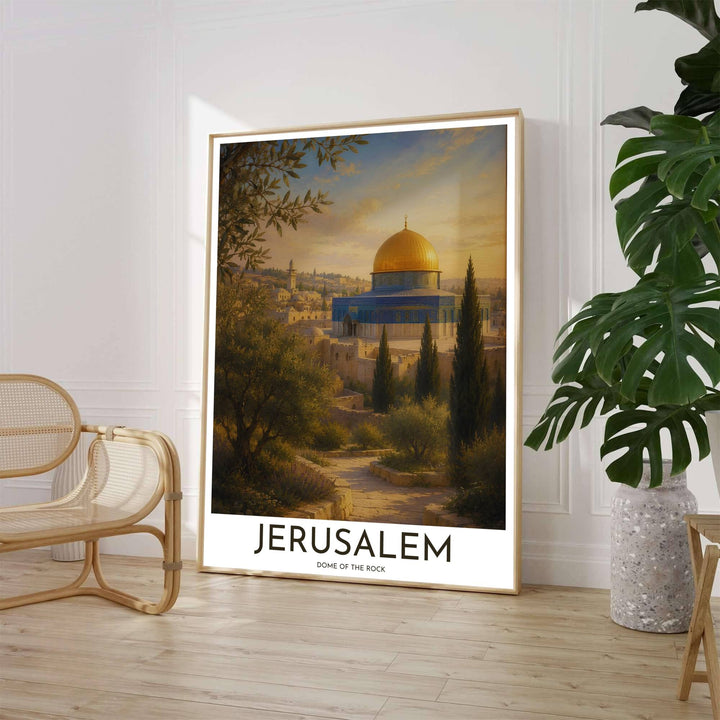 Painterly landscape poster of Qubbat al-Sakhrah Dome of the Rock in Jerusalem showcasing golden dome and cypress trees. Crafted by MapYourDreams, this artwork is available in flexible options including unframed paper, custom wooden frames, and gallery canvas wraps to suit your wall decor.