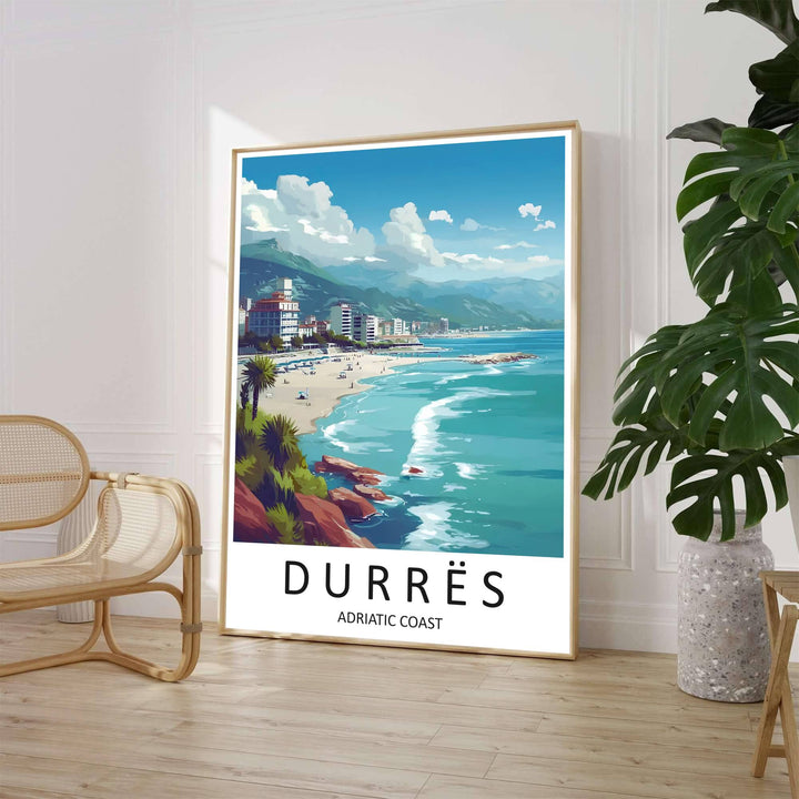 A high-angle travel poster captures the curving Adriatic beach city of Durrës with palm trees, rock formations, and blue skies. Select from versatile display formats such as unframed paper prints, custom wooden frames, or stretched gallery canvas options.