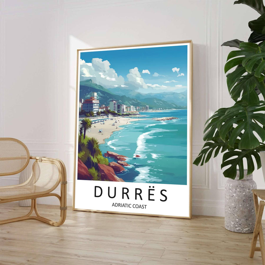 A high-angle travel poster captures the curving Adriatic beach city of Durrës with palm trees, rock formations, and blue skies. Select from versatile display formats such as unframed paper prints, custom wooden frames, or stretched gallery canvas options.