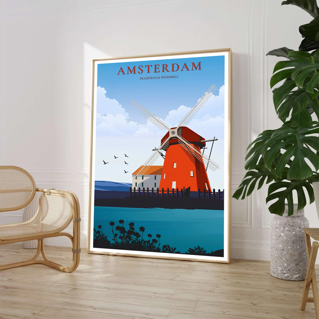 Graphic vector print of a traditional red Dutch windmill on the waterfront with soaring birds in Amsterdam Netherlands, available from MapYourDreams where shoppers can choose between unframed fine art posters, gallery wrapped canvas decor, and custom frame options for vibrant living room walls.
