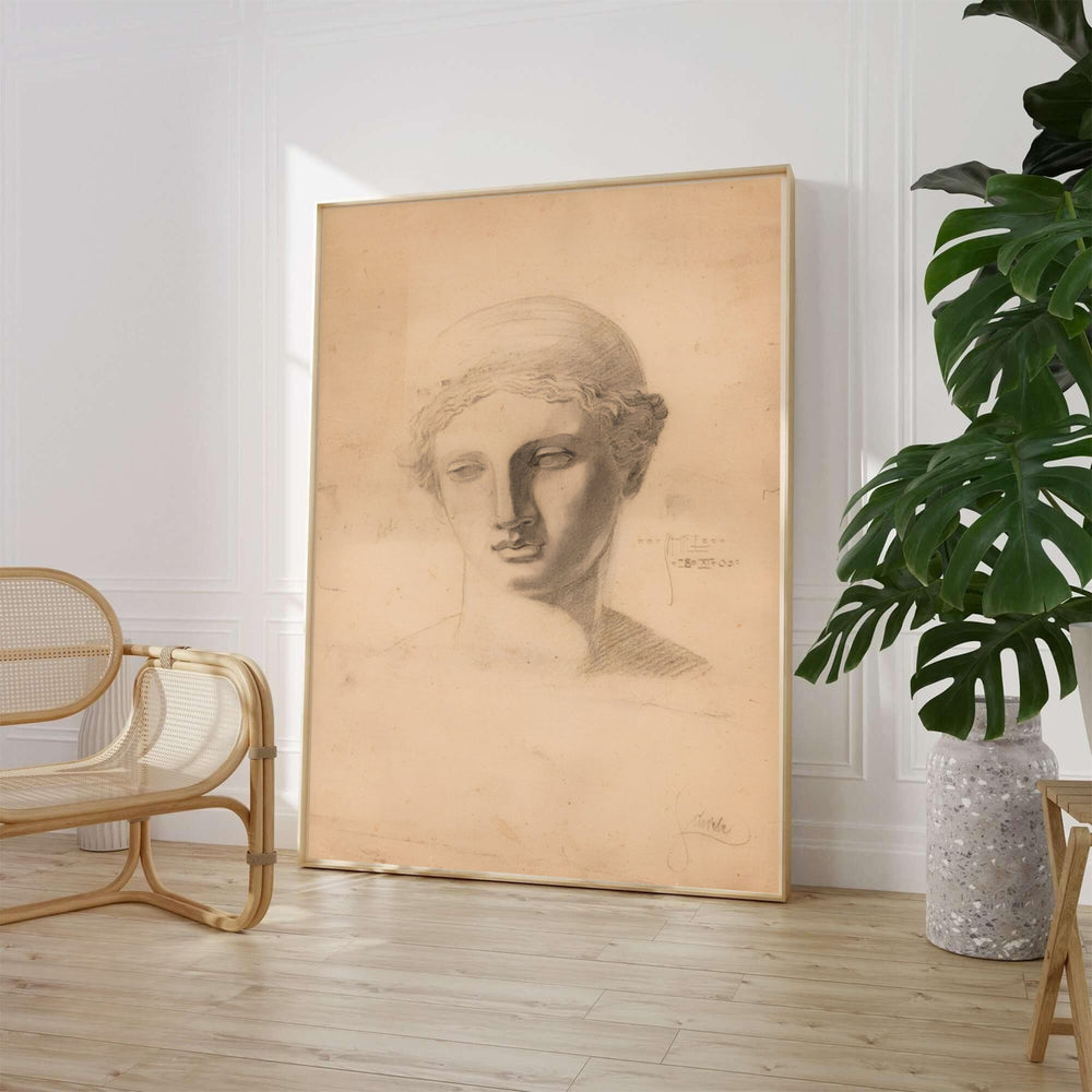 Egon Schiele Antique Head Study 1905 poster fine art print depicting a Greco Roman classical head sculpture pencil sketch in the Leopold Museum Vienna collection. MapYourDreams provides custom framed wall decor, unframed paper poster prints, and gallery stretched canvas art options for classic living room interiors.