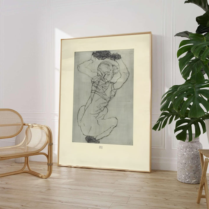 Vintage museum etching poster of Egon Schiele Crouching Female Nude 1914 at Leopold Museum Vienna rendered with an authentic cream matting border. Select custom framed wall art, unframed paper poster prints, or gallery canvas formats at MapYourDreams for a refined office wall decoration focus.