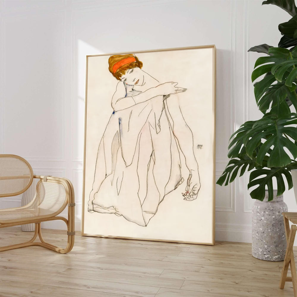 Viennese Expressionist watercolor poster of Egon Schiele Dancer Tanzerin 1913 from the Albertina Museum Vienna collection with red headband accents. Choose an unframed paper poster, a gallery stretched canvas print, or custom framed wall art directly from MapYourDreams for an artistic room decor layout.