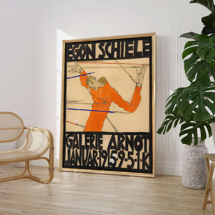 Masterful typography and self portrait print of Egon Schiele Galerie Arnot 1915 housed in Galerie Arnot Vienna showcasing dramatic arrow linework. MapYourDreams offers framed prints, unframed paper posters, and stretched canvas art prints for minimalist home libraries, reading nooks, and studio work spaces.