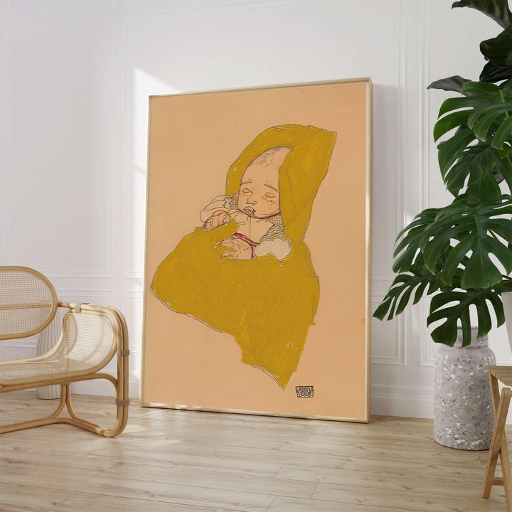 Masterful gouache and pencil print of Egon Schiele Infant On A Changing Pad 1915 housed in Leopold Museum Vienna showcasing delicate facial line work. MapYourDreams offers framed prints, unframed paper posters, and stretched canvas art prints for minimalist home libraries, reading nooks, and studio work spaces.