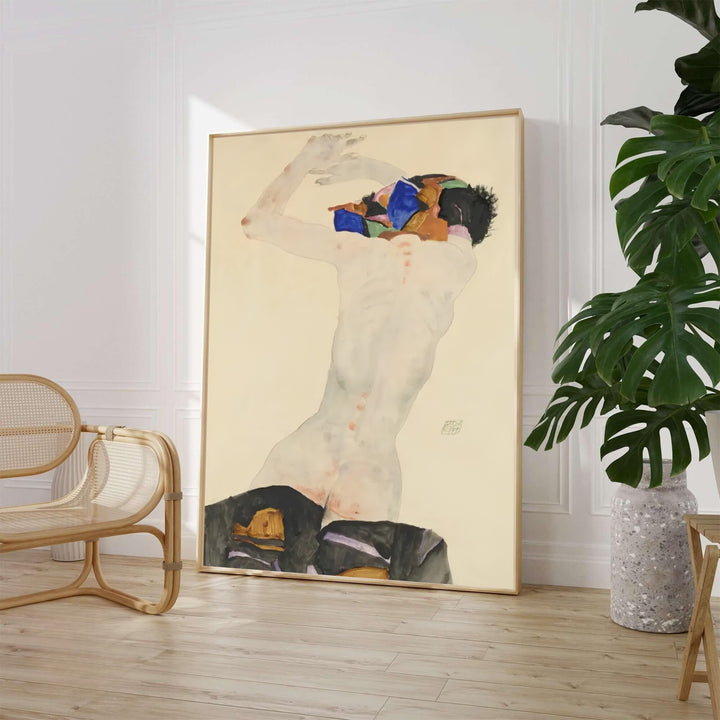 Masterful watercolor and pencil print of Egon Schiele Nude With Colorful Cloth 1911 housed in Leopold Museum Vienna showcasing subtle anatomical line work. MapYourDreams offers framed prints, unframed paper posters, and stretched canvas art prints for minimalist home libraries, reading nooks, and studio work spaces.