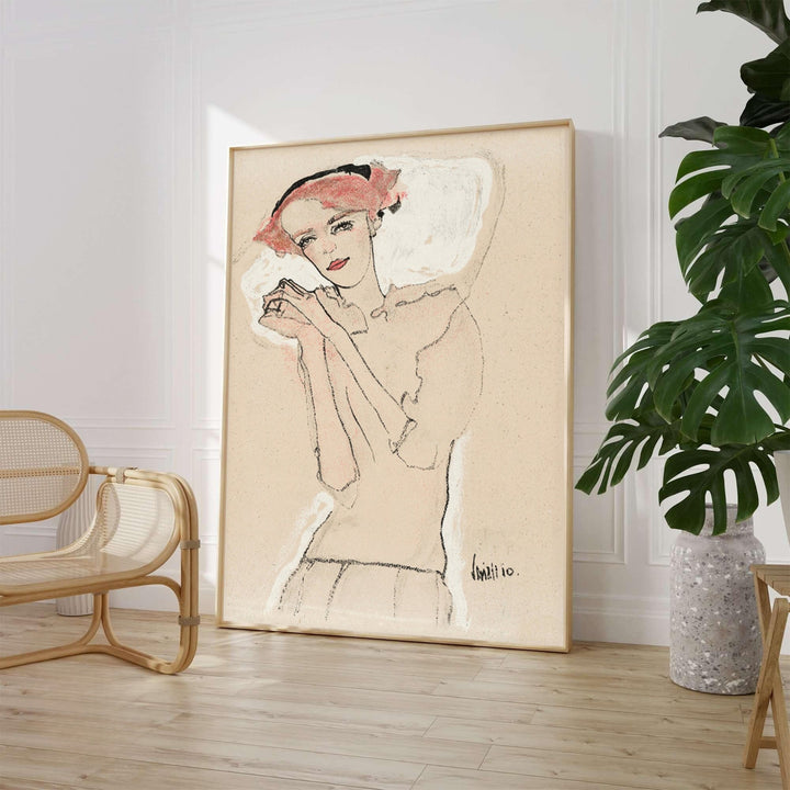 Wiener Werkstätte female figure poster of Egon Schiele Portrait Of A Woman 1910 from Vienna Austria with soft pink hair accents. Choose an unframed paper poster, a gallery stretched canvas print, or custom framed wall art directly from MapYourDreams for an artistic home decor touch.