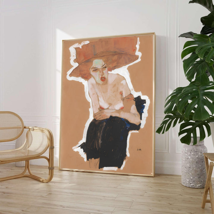 Archival fine art figure print of Egon Schiele Seated Woman With Hat 1910 created in Vienna Austria with realistic white gouache halo details. MapYourDreams features quality framed wall decor, unframed poster prints, and stretched canvas options designed for industrial and modern interior layouts.