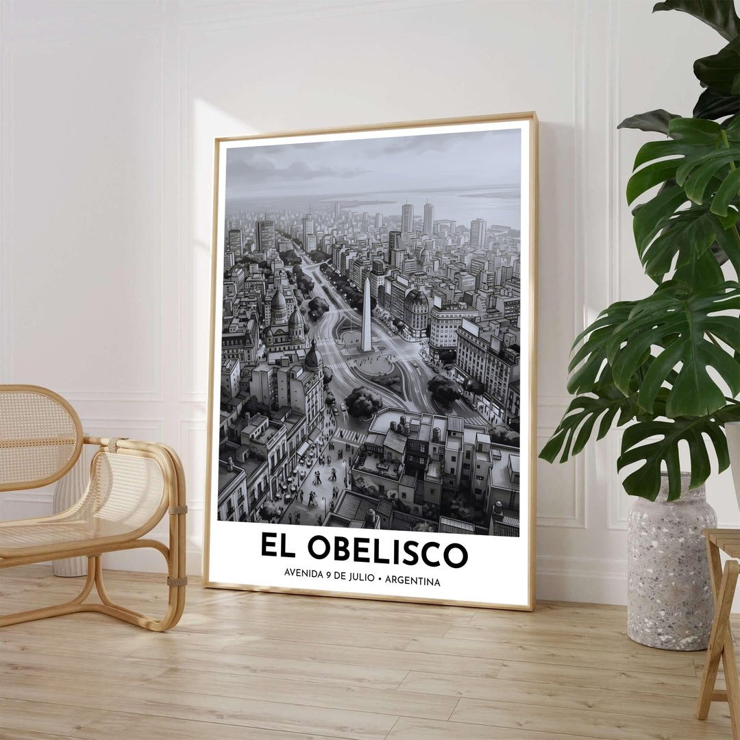Black and white cityscape wall decor displaying the iconic Obelisco landmark in Buenos Aires, Argentina. Available through MapYourDreams, customers can select from fine art paper, handcrafted timber frames, or stretched canvas options.