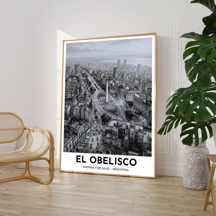 Black and white cityscape wall decor displaying the iconic Obelisco landmark in Buenos Aires, Argentina. Available through MapYourDreams, customers can select from fine art paper, handcrafted timber frames, or stretched canvas options.