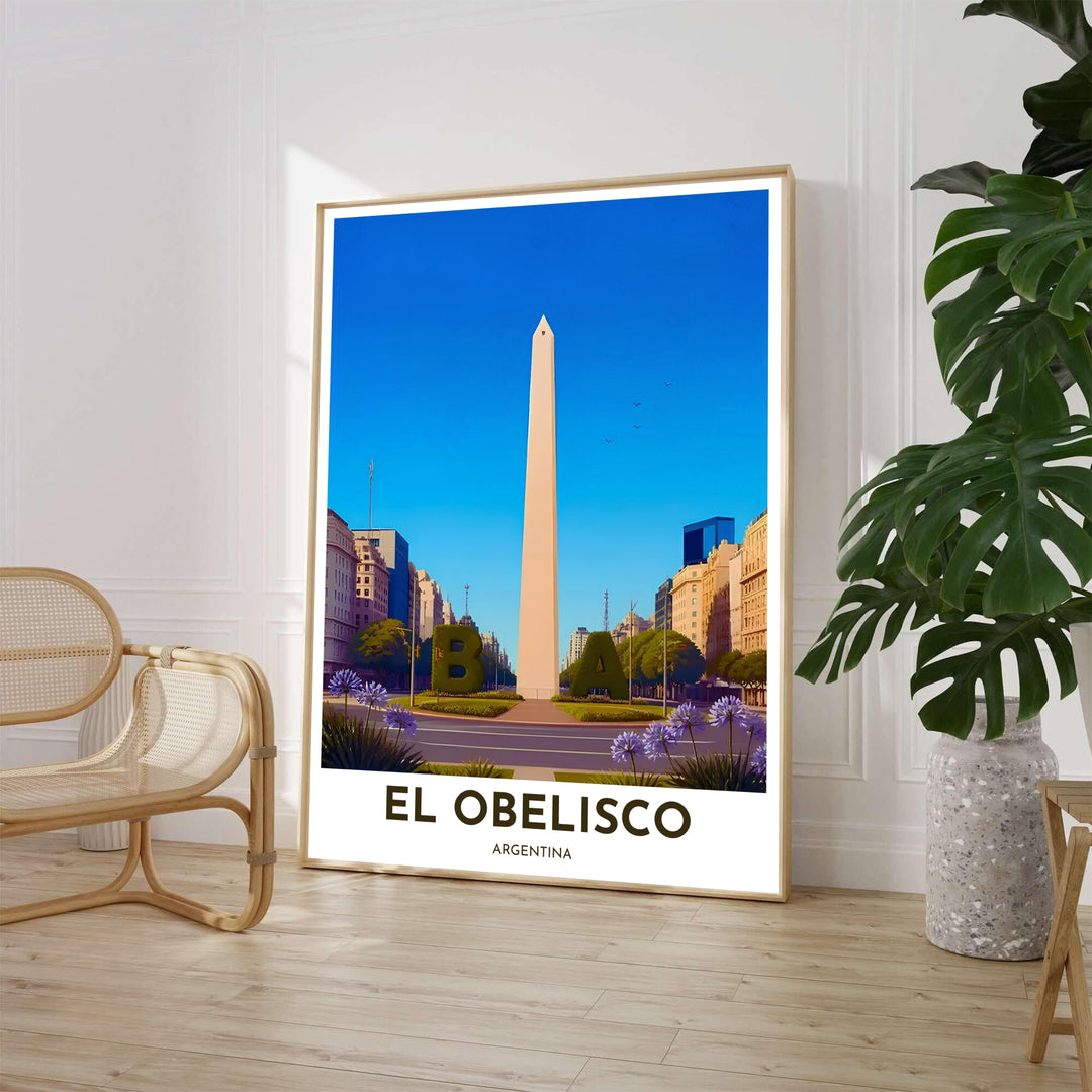Vibrant city landmark wall decor displaying El Obelisco de Buenos Aires framed by purple flowers and green topiary letters. Available through MapYourDreams, customers can select from fine art paper, handcrafted timber frames, or stretched canvas options.