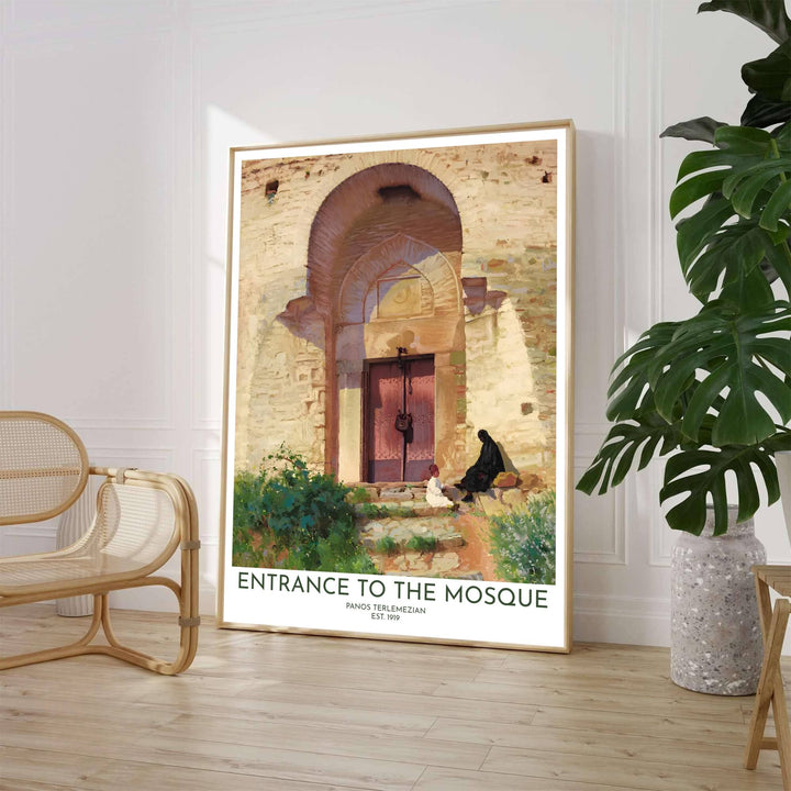 Classical impressionist art poster of Entrance to the Mosque by Panos Terlemezian showing warm limestone archway shadows and foliage. Crafted by MapYourDreams, this artwork is available in flexible options including unframed paper, custom wooden frames, and gallery canvas wraps to suit your wall decor.