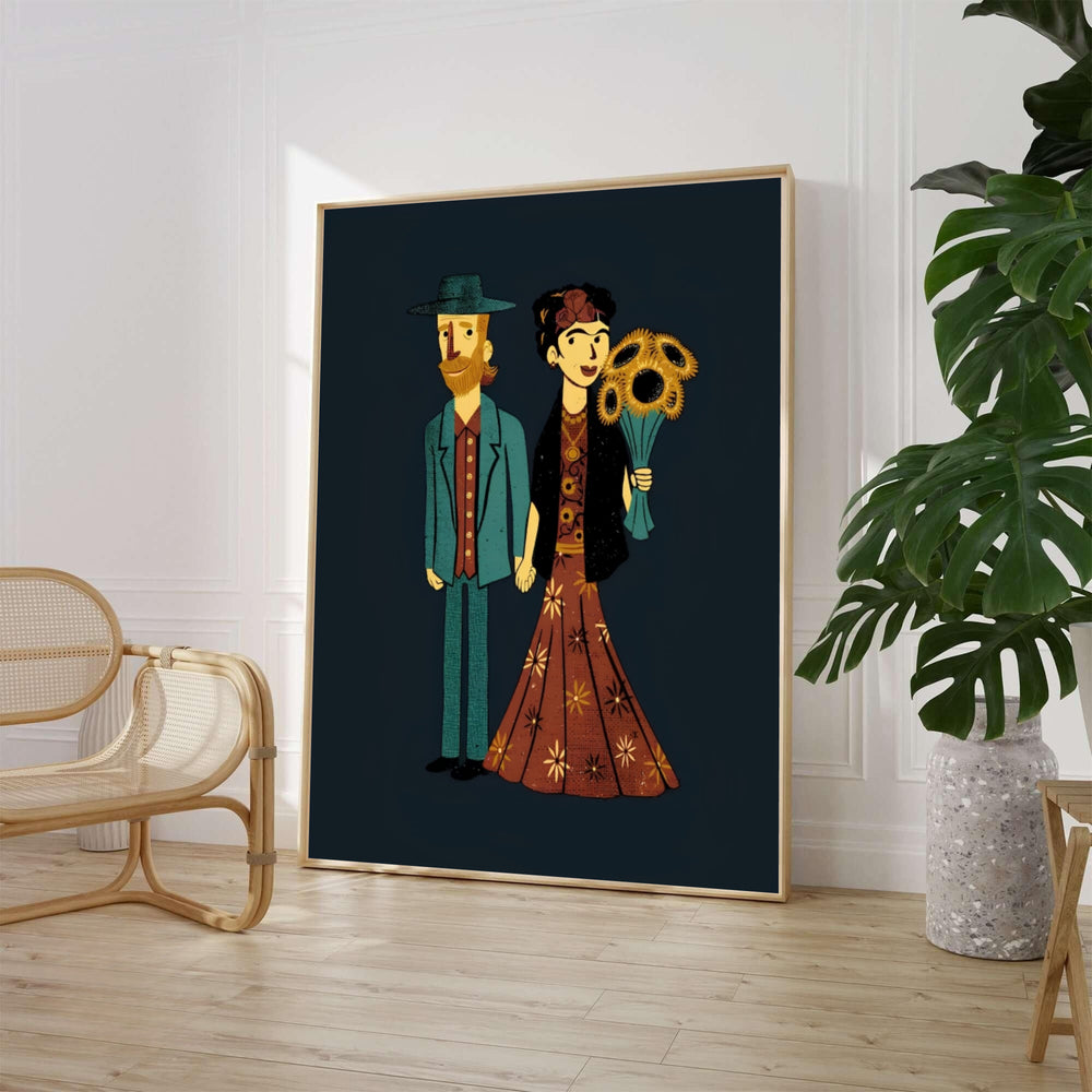 Frida Kahlo And Van Gogh Couple 1939 Poster depicts Frida Kahlo holding sunflowers beside Vincent van Gogh in front of a blue wall in Coyoacán, Mexico City. MapYourDreams provides custom framed wall art, unframed fine art paper prints, and gallery canvas options for art history lovers.