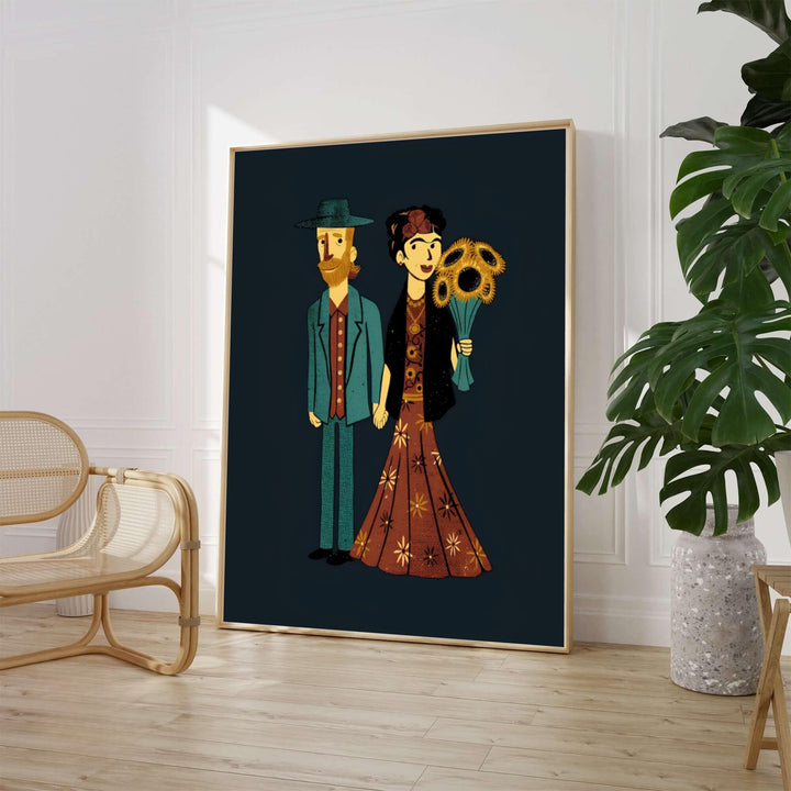 Frida Kahlo And Van Gogh Couple 1939 Poster depicts Frida Kahlo holding sunflowers beside Vincent van Gogh in front of a blue wall in Coyoacán, Mexico City. MapYourDreams provides custom framed wall art, unframed fine art paper prints, and gallery canvas options for art history lovers.