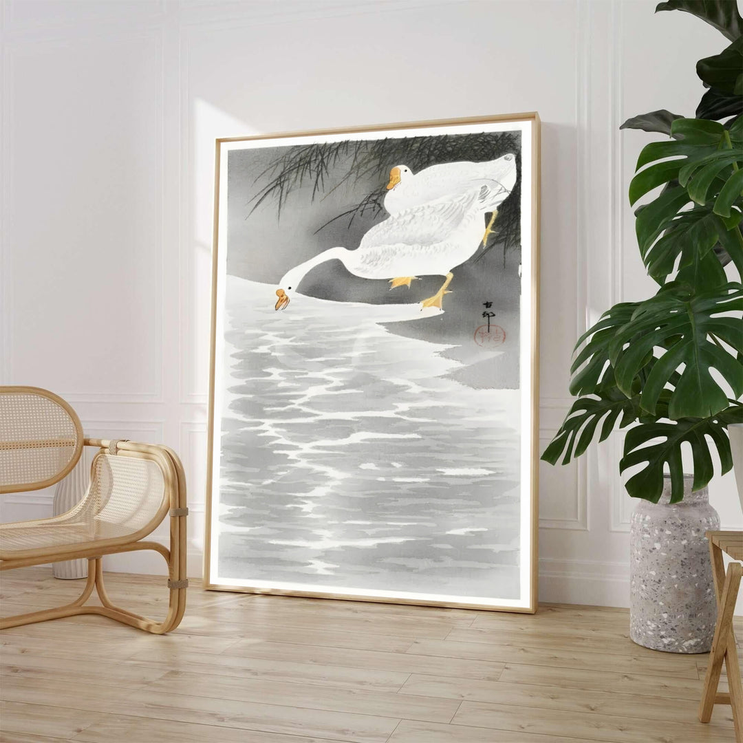 Classic 1900 1930 Japanese Kacho-ga art print by artist Ohara Koson featuring geese referencing traditional Tokyo printmakers. MapYourDreams supplies framed, unframed, and canvas poster formats for home wall decor.