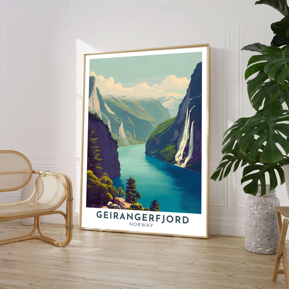 Majestic Norwegian fjord landscape showing steep mountain cliffs and cascading waterfalls along Geirangerfjord in retro travel poster style. Ideal for nature lovers, this versatile wall decor piece can be selected as a custom framed print, gallery wrapped canvas, or fine paper unframed poster for your gallery wall setup.