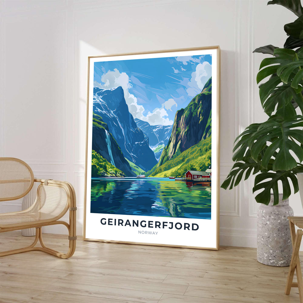 Scenic Norwegian fjord landscape featuring a passenger cruise boat passing cascading waterfalls and traditional red wooden cabins along Geirangerfjord. Perfect as a statement wall decor piece, this travel illustration offers customizable options including custom wood framed artwork, gallery canvas wraps, and archival unframed prints.