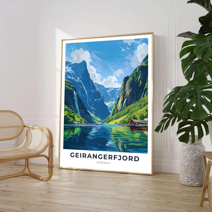 Scenic Norwegian fjord landscape featuring a passenger cruise boat passing cascading waterfalls and traditional red wooden cabins along Geirangerfjord. Perfect as a statement wall decor piece, this travel illustration offers customizable options including custom wood framed artwork, gallery canvas wraps, and archival unframed prints.