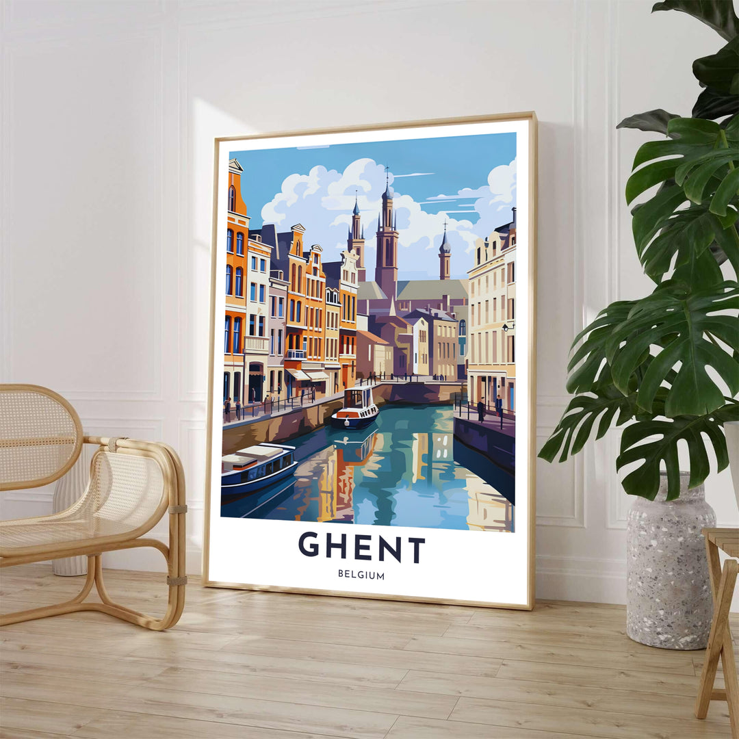 Colorful vector cityscape illustration of boats floating past medieval canal buildings on the Graslei in Ghent, Belgium. Available from MapYourDreams in various choices like standalone unframed paper, tailored wooden frames, and gallery-wrapped canvas options.