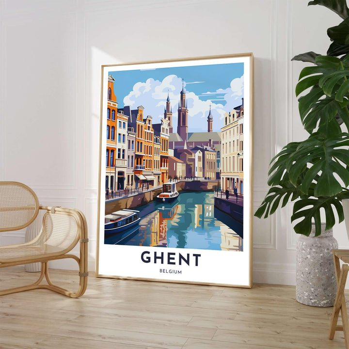 Colorful vector cityscape illustration of boats floating past medieval canal buildings on the Graslei in Ghent, Belgium. Available from MapYourDreams in various choices like standalone unframed paper, tailored wooden frames, and gallery-wrapped canvas options.