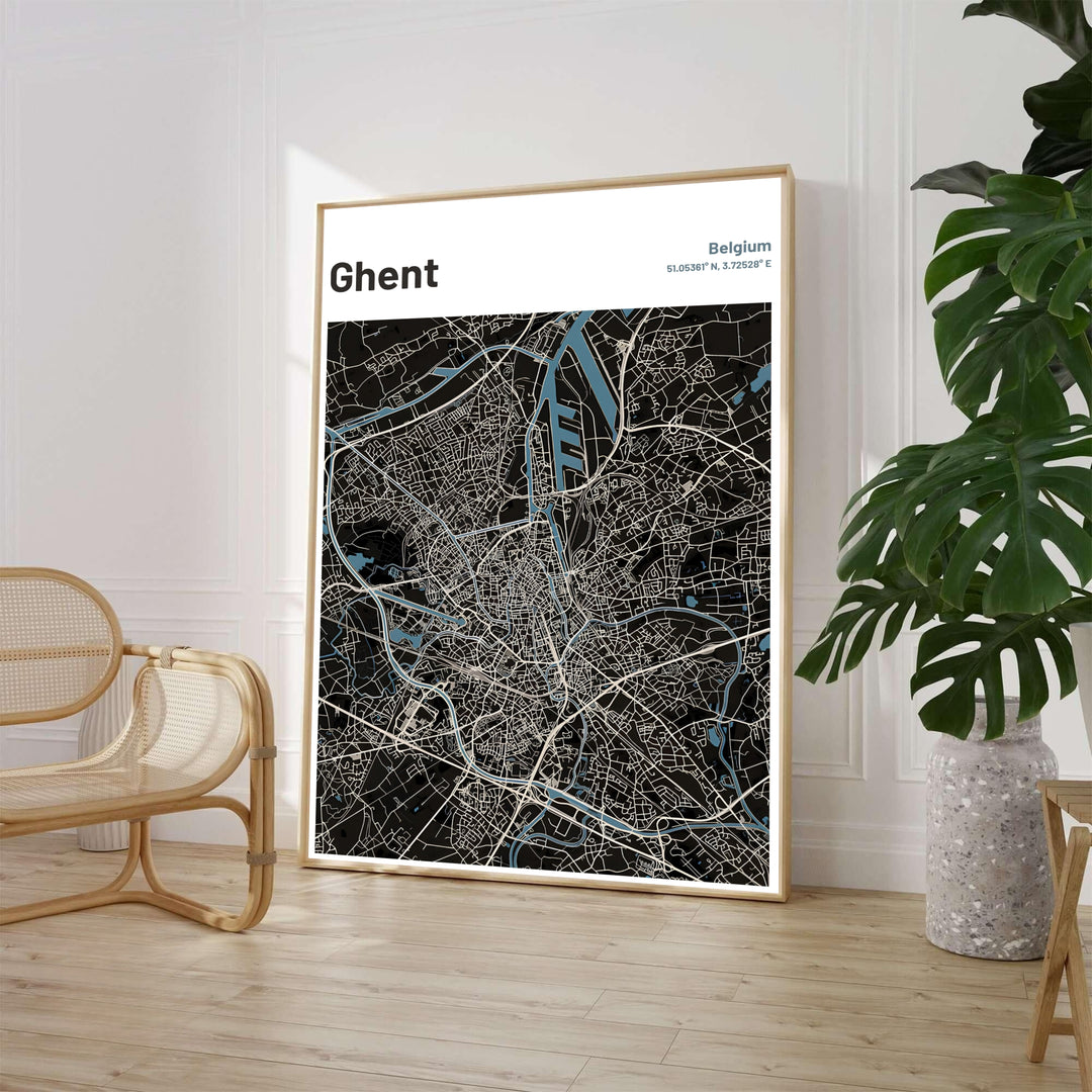 Minimalist dark charcoal cartography poster displaying the roads and rivers of Ghent, Belgium. Available from MapYourDreams in various choices like standalone unframed paper, tailored wooden frames, and gallery-wrapped canvas options.