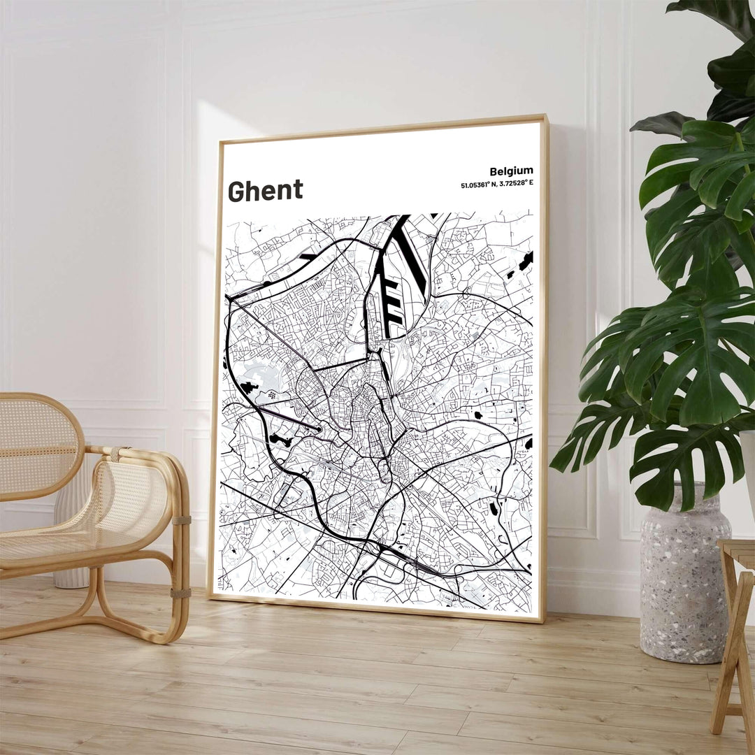 Crisp monochrome cartography poster displaying the roads and rivers of Ghent, Belgium, on a white backdrop. Available from MapYourDreams in various choices like standalone unframed paper, tailored wooden frames, and gallery-wrapped canvas options.