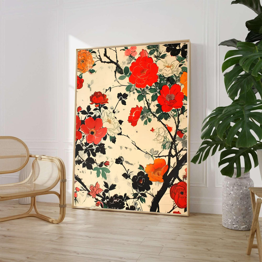 Classic Japanese Ukiyo-e floral art print by artist Katsushika Hokusai featuring red and white flowers referencing traditional Tokyo printmakers. MapYourDreams supplies framed, unframed, and canvas poster formats for home wall decor.