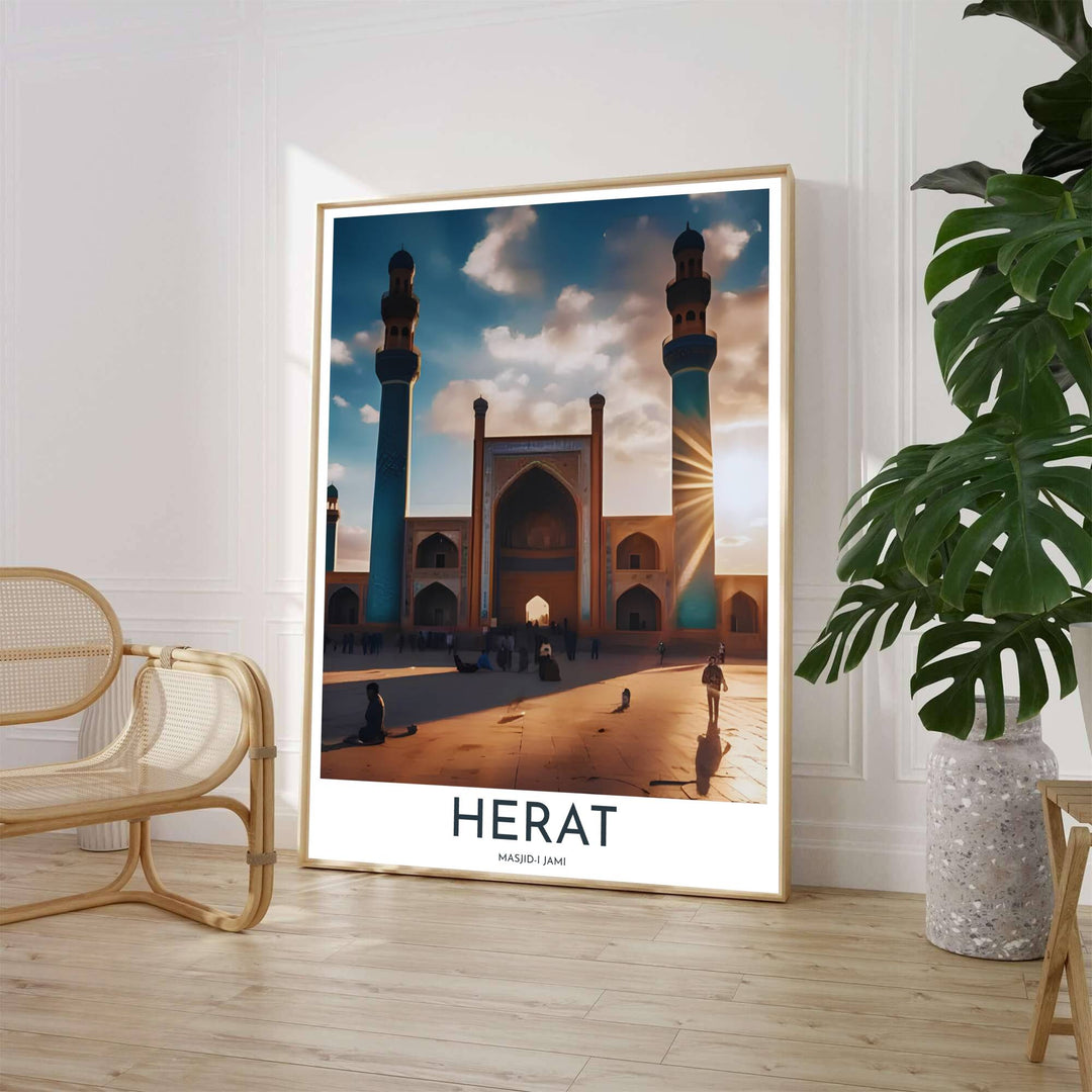 Golden hour travel poster of Masjid-i Jami in Herat Afghanistan showing lapis blue tilework and courtyard shadows. Crafted by MapYourDreams, this artwork is available in flexible options including unframed paper, custom wooden frames, and gallery canvas wraps to suit your wall decor.