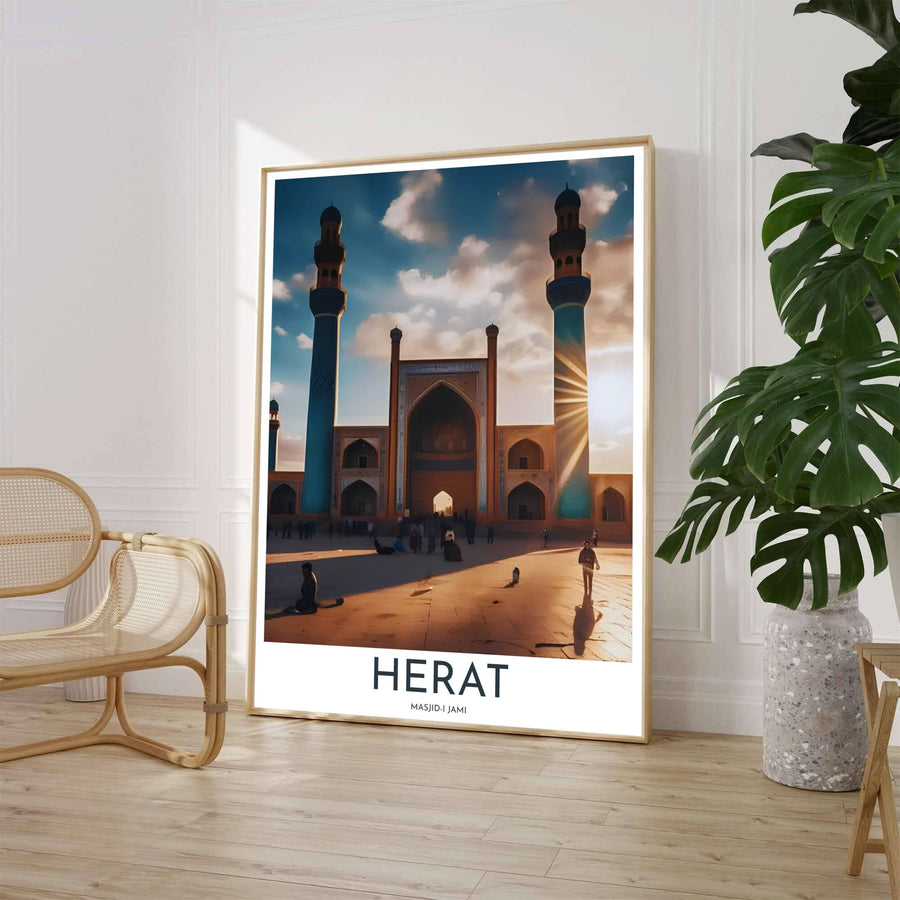 Golden hour travel poster of Masjid-i Jami in Herat Afghanistan showing lapis blue tilework and courtyard shadows. Crafted by MapYourDreams, this artwork is available in flexible options including unframed paper, custom wooden frames, and gallery canvas wraps to suit your wall decor.