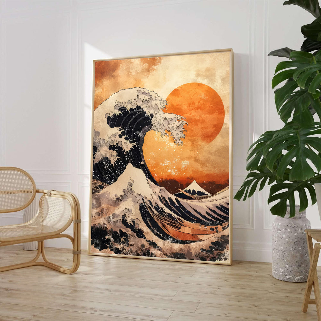Classic Japanese Ukiyo-e ocean art print by artist Katsushika Hokusai featuring fishing boats under orange sunset skies off Kanagawa. MapYourDreams supplies framed, unframed, and canvas poster formats for home wall decor.