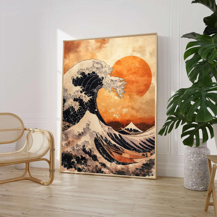 Classic Japanese Ukiyo-e ocean art print by artist Katsushika Hokusai featuring fishing boats under orange sunset skies off Kanagawa. MapYourDreams supplies framed, unframed, and canvas poster formats for home wall decor.