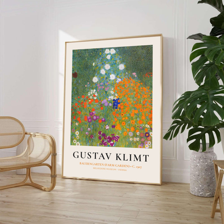 Austrian Symbolist landscape poster of Gustav Klimt Bauerngarten Farm Garden 1907 displaying a rich flower meadow from the Belvedere Museum in Vienna, Austria. MapYourDreams offers elegant framed prints, unframed paper posters, and stretched canvas art prints for cottagecore sunroom wall decor arrangements.