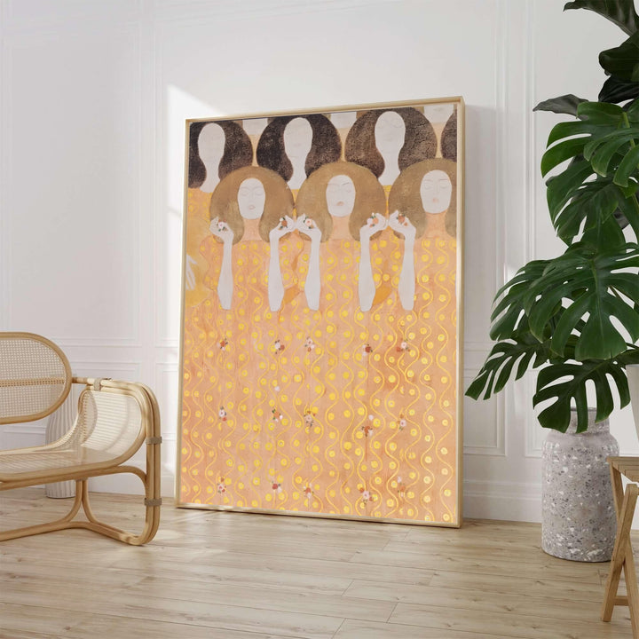 Gustav Klimt Beethoven Frieze Secession Building Vienna 1902 exhibition poster displaying golden figures originally created in the Secession Building in Vienna, Austria. MapYourDreams provides custom framed wall art, unframed paper prints, and gallery stretched canvas wall decor options to elevate elegant living room interiors.