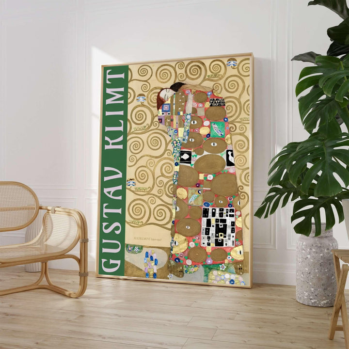 Austrian Symbolist mosaic poster of Gustav Klimt Fulfillment Die Erfullung 1909 displaying intricate geometric patterns from the Stoclet Palace in Brussels Belgium. MapYourDreams offers elegant framed prints, unframed paper posters, and stretched canvas art prints for bedroom wall decor arrangements.