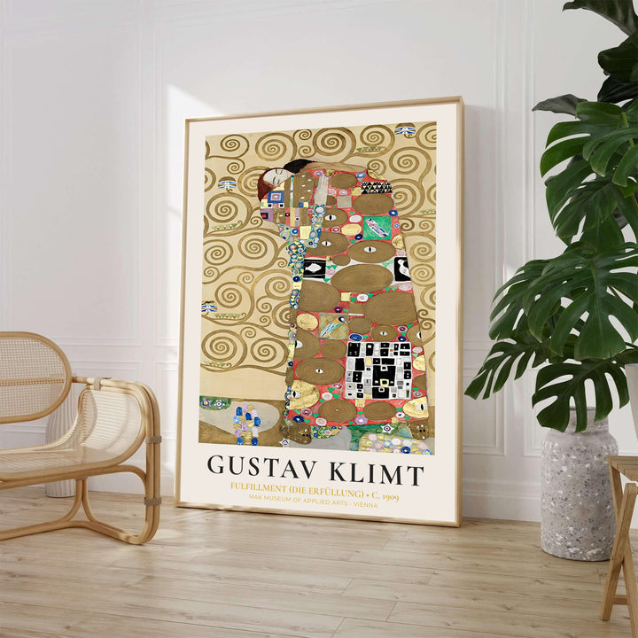 Gustav Klimt Fulfillment Die Erfüllung 1909 art print displaying embracing lovers from the Palais Stoclet in Brussels Belgium with bottom MAK Museum Vienna typography. MapYourDreams provides custom framed wall decor, unframed paper poster prints, and gallery stretched canvas art options for romantic home spaces.