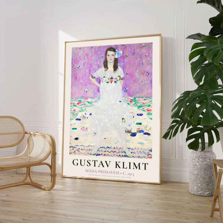 Gustav Klimt Mada Primavesi 1913 fine art print depicting a young girl in a white floral dress from The Metropolitan Museum of Art in New York. MapYourDreams provides custom framed wall decor, unframed paper poster prints, and gallery stretched canvas art options for colorful interior spaces.
