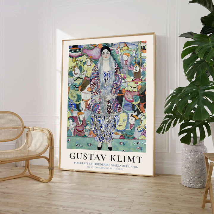 Gustav Klimt Portrait Of Friederike Maria Beer 1916 fine art print depicting an elegant woman in a patterned silk dress from Tel Aviv Museum of Art in Israel. MapYourDreams provides custom framed wall decor, unframed paper poster prints, and gallery stretched canvas art options for colorful homes.