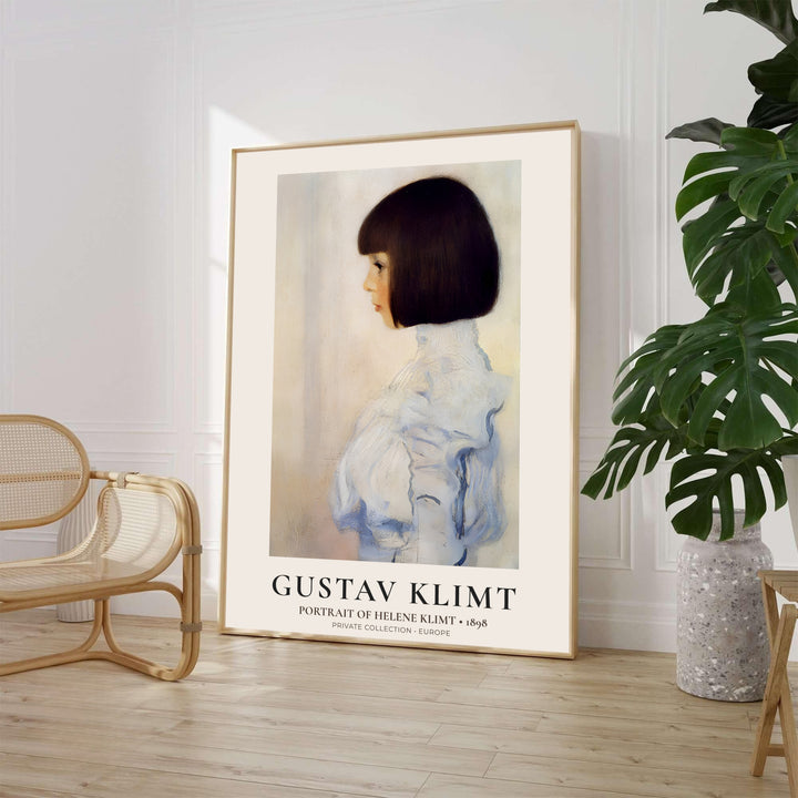 Gustav Klimt Portrait Of Helene Klimt 1898 fine art print depicting a young girl in profile from a Private Collection in Europe. MapYourDreams provides custom framed wall decor, unframed paper poster prints, and gallery stretched canvas art options for serene bedroom and living room spaces.